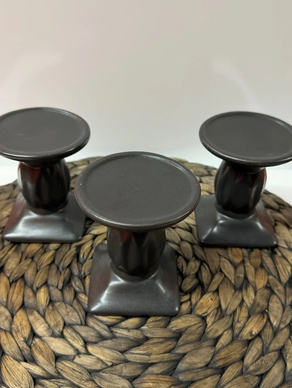Set of 3 Black Decorative Candle Holders with Sculpted Design